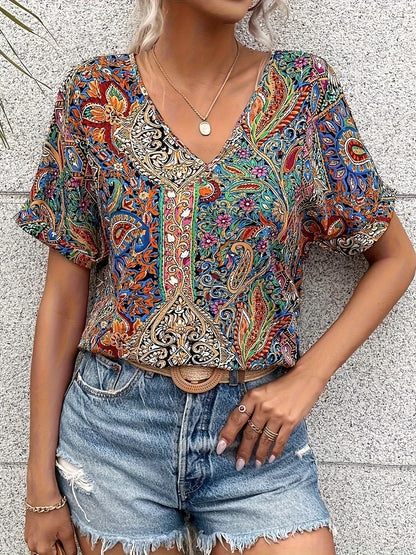 Marina | Art Print Chic V-Neck Blouse